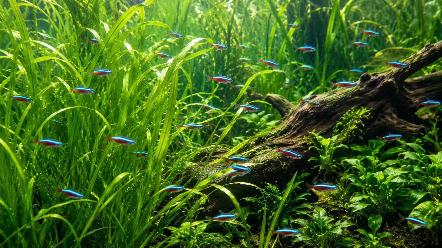 Lush planted freshwater aquarium with neon tetras